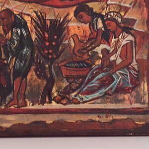 May include: A religious painting depicting figures in a biblical scene. The artwork features a man in a dark robe, a woman holding a baby, and other figures. The color palette includes reds, browns, and gold.
