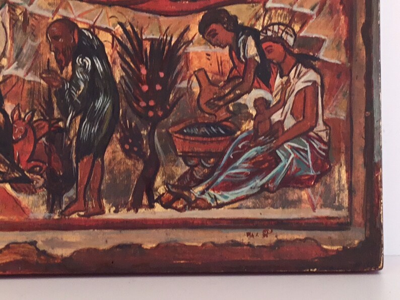 May include: A religious painting depicting figures in a biblical scene. The artwork features a man in a dark robe, a woman holding a baby, and other figures. The color palette includes reds, browns, and gold.