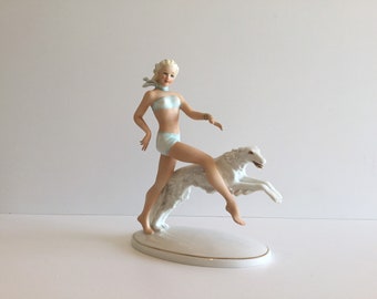 Figura de porcelana vintage / Schaubach-Kunst, década de 1960, Alemania, Mujer con galgo