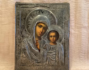 神の母アンティークロシア正教会手描きイコン、19 世紀。真鍮のオー
