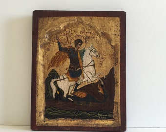 Saint George With Dragon (1950s) Orthodox Icon, Made In Greece