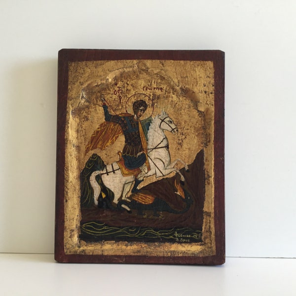 Saint George With Dragon (1950s) Orthodox Icon, Made In Greece