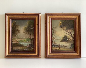 Vintage schilderijen olieverf op koperlandschappen, paar gesigneerd ingelijst jaren 50
