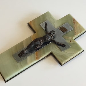 Crucifix In Metal And Onyx (1950s) Made In France