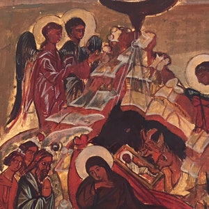 May include: An antique religious icon painting depicting a biblical scene. The artwork features figures in red, gold, and brown hues, with angels and halos. The style suggests a historical or Byzantine influence, with detailed brushwork.