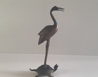Scultura in bronzo d'epoca / Statua cinese di cicogna e tartaruga, figura animale del 1900