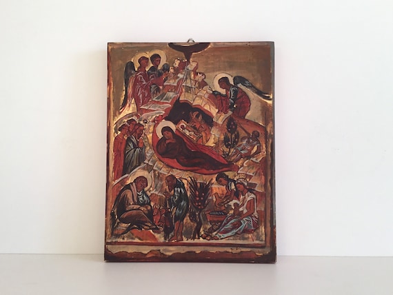 Vintage Icon | 1950s Nativity of Jesus, Hand-Painted Greek Orthodox Religious Art