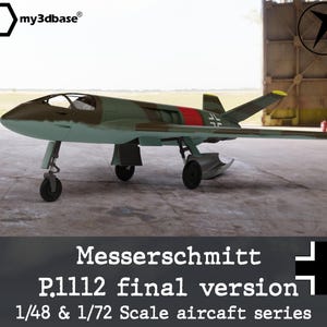 Könnte beinhalten: Ein Modellflugzeug der Messerschmitt P.1112 Endversion mit einer Tarnbemalung in Grün, Braun und Hellblau, einem roten Rumpfband und einem schwarzen Kreuzabzeichen. Das Modell verfügt über eine Cockpithaube und ein ausgefahrenes Fahrwerk.