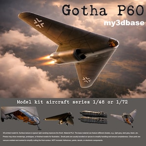 Könnte beinhalten: Ein Gotha P60 Modellbausatz im Maßstab 1/48 oder 1/72. Das dunkelgraue Nurflügel-Flugzeug verfügt über ein Cockpit mit orangefarbenen Innendetails, Triebwerksauslässe mit orangefarbenen Flammen und weiße Kreuzmarkierungen auf den Tragflächen.