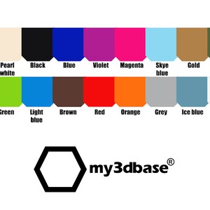 May include: A colour chart with 18 different colours, including yellow, pearl white, black, blue, violet, magenta, sky blue, gold, army green, silver, green, light blue, brown, red, orange, grey, ice blue, and bluish white. The chart is labelled with the name of each colour. The text "my3dbase&reg;" is at the bottom of the chart.