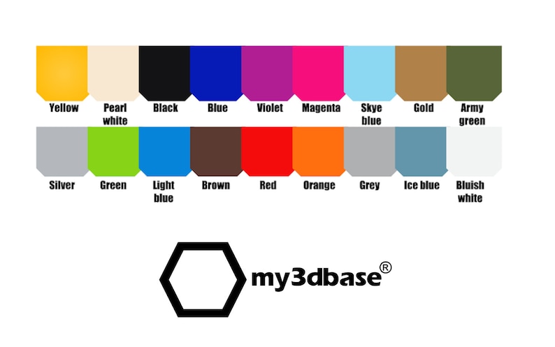 May include: A colour chart with 18 different colours, including yellow, pearl white, black, blue, violet, magenta, sky blue, gold, army green, silver, green, light blue, brown, red, orange, grey, ice blue, and bluish white. The chart is labelled with the name of each colour. The text "my3dbase&reg;" is at the bottom of the chart.