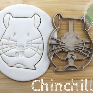 Könnte beinhalten: Ein brauner Plastik-Ausstecher in Form eines Chinchillas. Der Ausstecher liegt auf einer Holzoberfläche mit einem weißen Keksausdruck des Chinchillas daneben. Der Text "Chinchilla" steht unter dem Ausstecher.