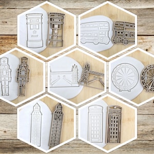 以下が含まれることがあります： ロンドンを象徴するランドマークをモチーフにしたクッキー型9個セット。ダブルデッカーバス、ビッグベン、赤い電話ボックス、郵便ポスト、ロンドンアイ、ナッツクラッカーなどがあります。