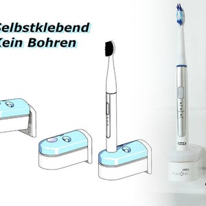 Könnte beinhalten: Ein weißer Zahnbürstenhalter mit blauem Rand und selbstklebender Rückseite. Der Halter ist für eine elektrische Zahnbürste konzipiert. Der Text "Selbstklebend - Kein Bohren" ist in Schwarz auf weißem Hintergrund geschrieben.