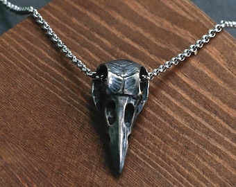 Sterling Silver Crow Skull Necklace, Oxidized Raven Skull Necklace, Jewelry for Man, Gothic Men Necklace, Gift for Him, 925 Sliver Necklace