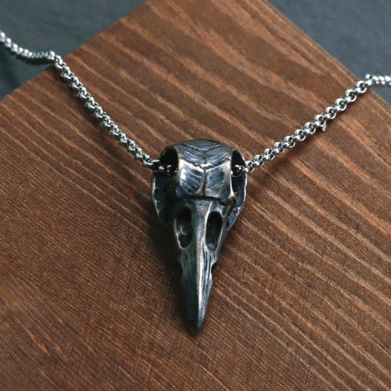 Sterling Silver Crow Skull Necklace, Oxidized Raven Skull Necklace, Jewelry for Man, Gothic Men Necklace, Gift for Him, 925 Sliver Necklace