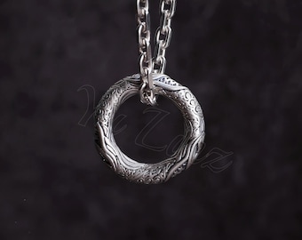 Sterling Silver Circle Charm Carved Patterns Charm Men Antique Pattern Pendant 3mm Cable Chain