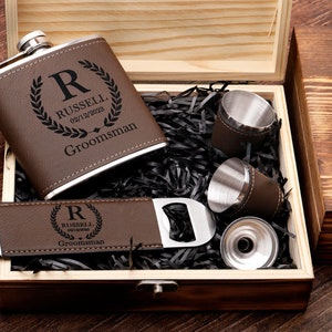 Groomsmen Flask Gifts, Personalized Flask for Men, Leather Flask, Customized Flask, Flask & Cigar Holder for Groomsmen, Bachelor Party Gift
