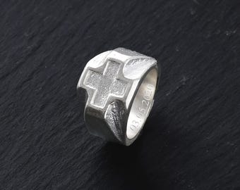 Personalized Cross Mens Ring in Sterling Silver Custom Engraved Name Date 15.3mm