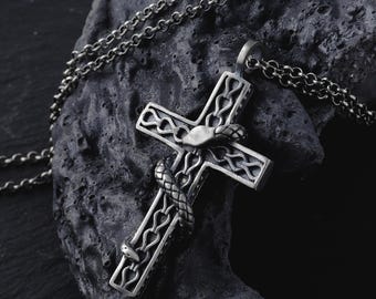 Sterling Silver Snake Cross Pendant, Oxidized Serpent, Gothic