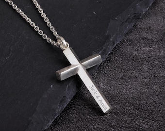 Personalized Sterling Silver Cross Necklace Engraved Chunky Pendant for Men Women