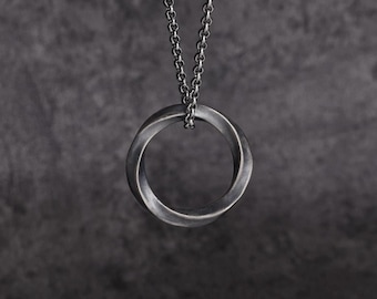 Mens 925 Silver Mobius Strip Ring Necklace Sterling Silver Mobius Circle Pendant Chain for Men Oxidized Silver Birthday Jewelry Gift for Him