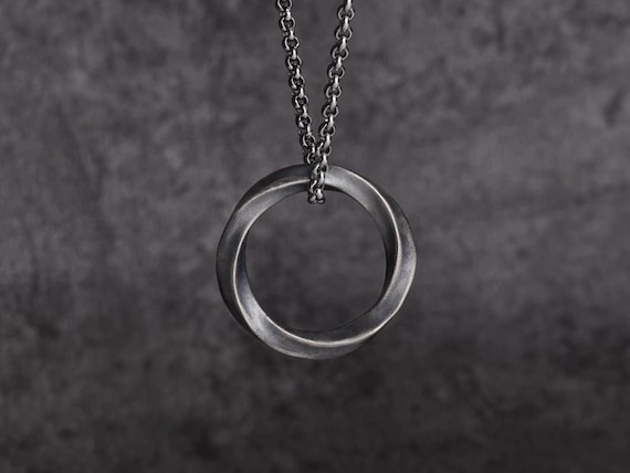 Mens 925 Silver Mobius Strip Ring Necklace Sterling Silver Mobius Circle Pendant Chain for Men Oxidized Silver Birthday Jewelry Gift for Him