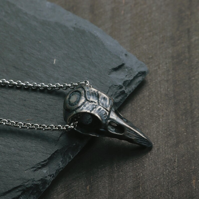 May include: A silver-toned raven skull pendant necklace. The skull is detailed with textured surfaces and eye sockets, attached to a delicate chain. The pendant is displayed on a dark, textured surface, creating a gothic or alternative aesthetic.