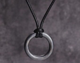 925 Sterling Silver Circle Pendant Necklace Leather Cord Men's Minimalist Jewelry