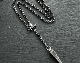 Oxidized Sterling Silver Pyramid Pendant Lariat Style Rolo Necklace Hand Toggle Clasp 4mm