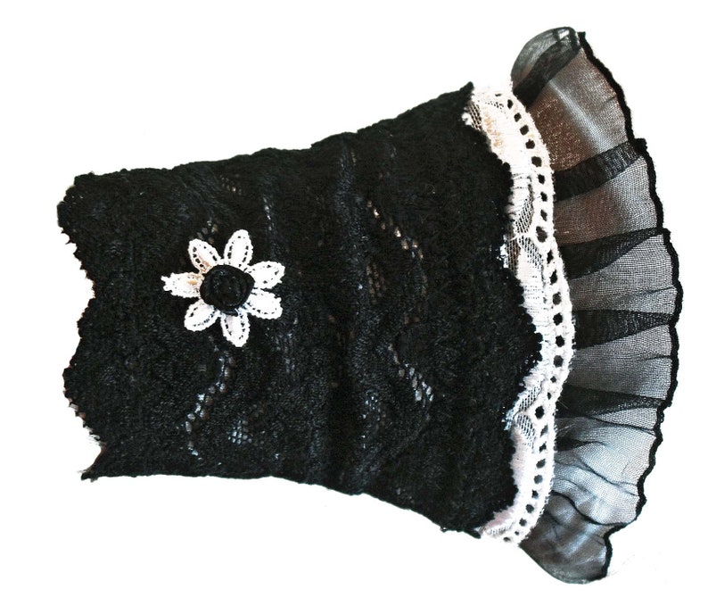 gothic lolita cuffs made of lace black and white with flower appliqué image 3