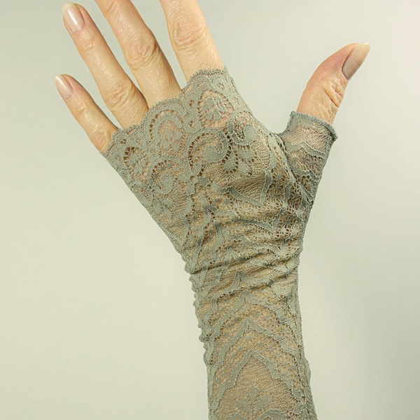 soft long wrist warmer gloves fingerless olive-grey XS-XL