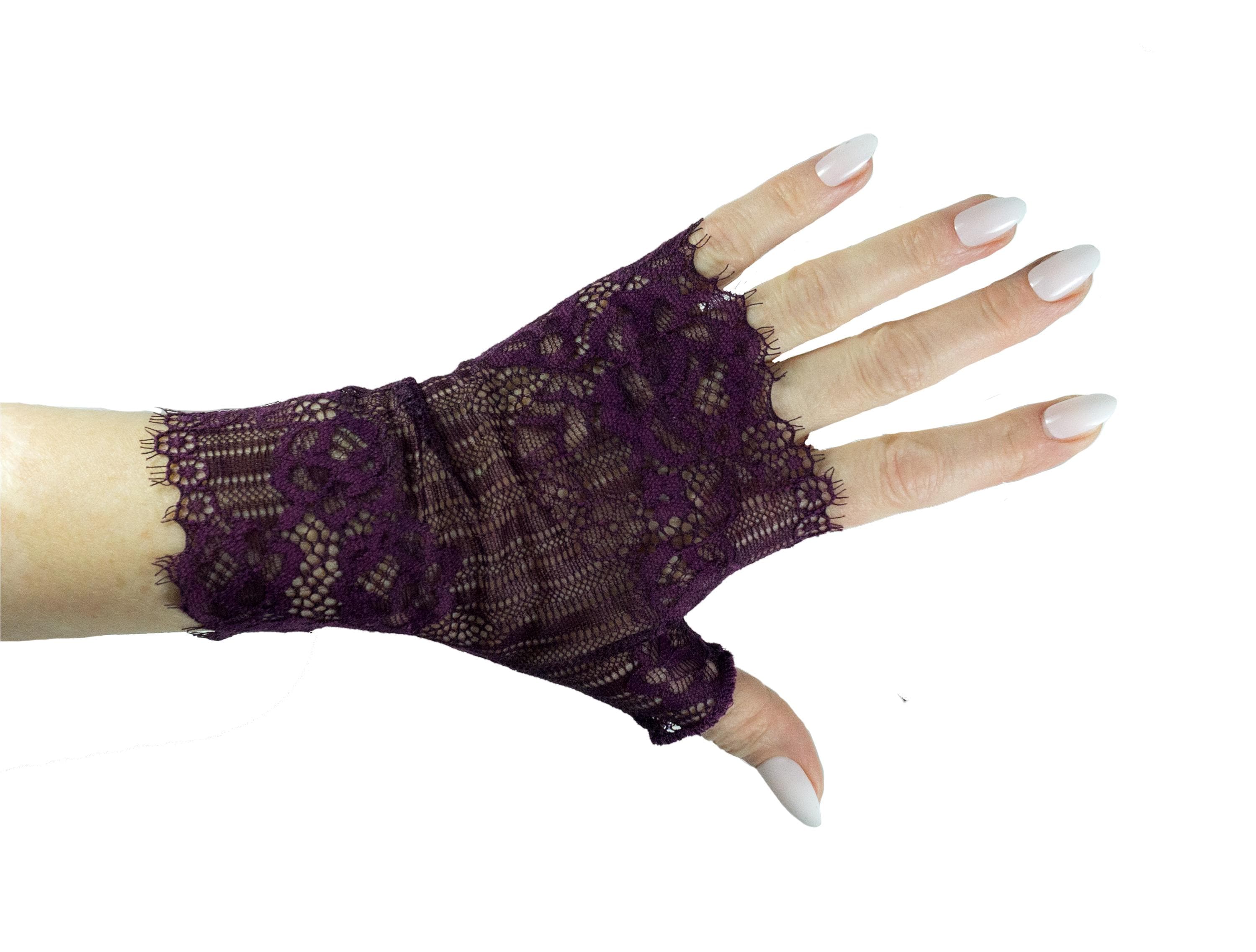 Wrist Warmers Gloves Fingerless Net Lace Purple Violet Roses