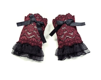 gothic lolita cuffs black bordeaux red with tulle + bow