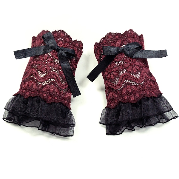 gothic lolita Manschetten schwarz bordeaux rot mit Tüll+Schleife