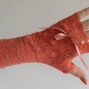 Long wrist warmers fingerless arm warmers color coral watermelon with bow nice and soft image 2