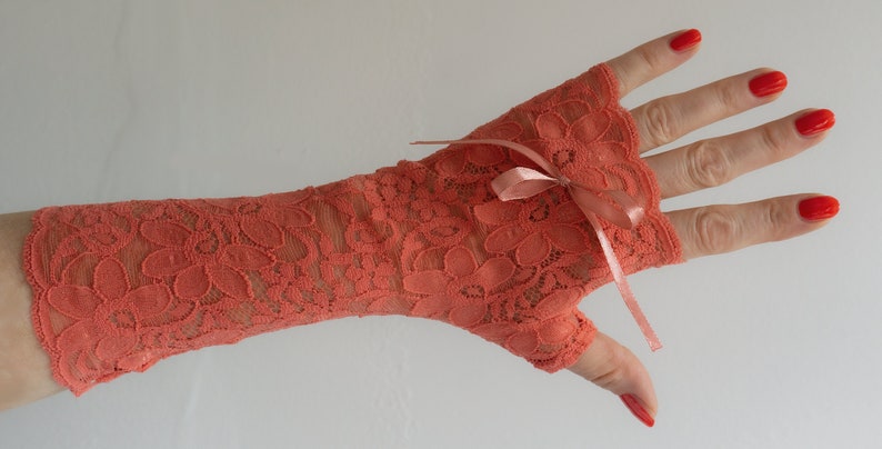 Long wrist warmers fingerless arm warmers color coral watermelon with bow nice and soft image 2