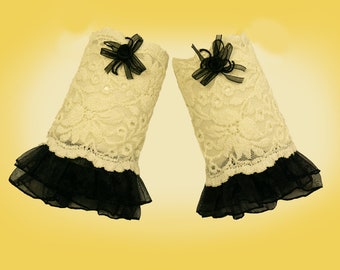 gothic lolita cuffs black cream lace floral tulle lace + florets