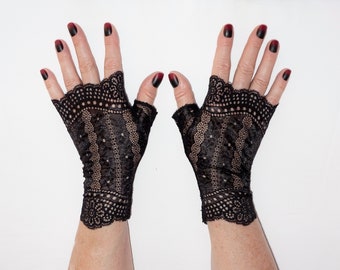 gothic gloves fingerless black striped look shine