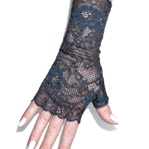 Pulswärmer Handschuhe fingerlos lang Spitze blau braungold Kopie image 2