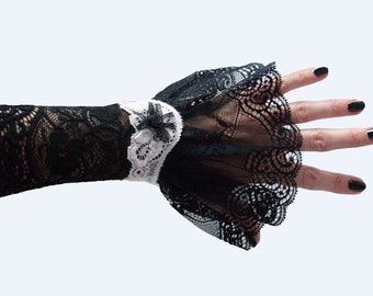 noble gothic lolita arm warmers made of lace black rose with skirt and satin rose