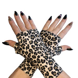 パンク風フィンガーレスコットングローブ｜ヒョウ柄｜ブラック、ベージュ、ブラウン