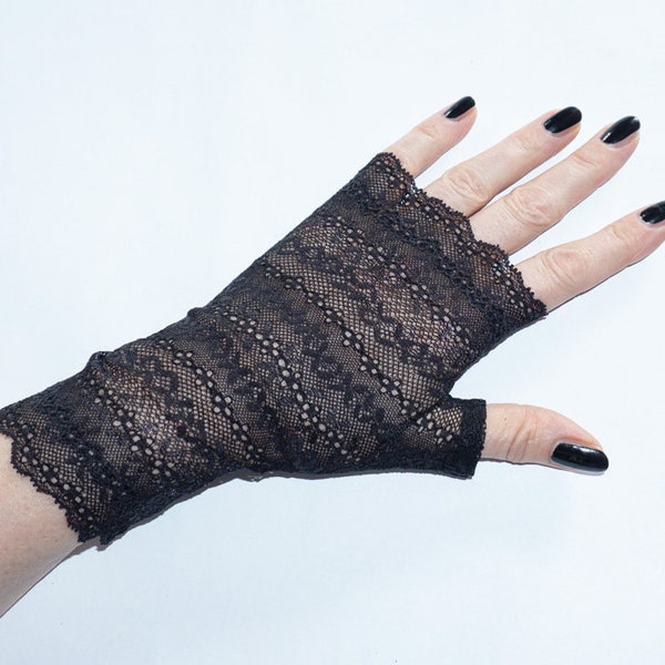 Pulswärmer Handschuhe fingerlos gothic schwarz lineare Muster XS-XL