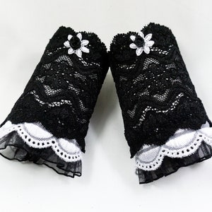 gothic lolita cuffs made of lace black and white with flower appliqué image 2