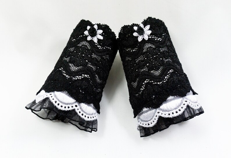 gothic lolita cuffs made of lace black and white with flower appliqué image 2