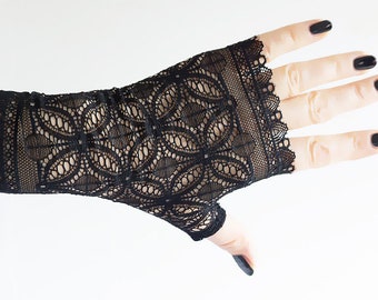 Wrist warmers gloves fingerless gothic black church pattern ornaments