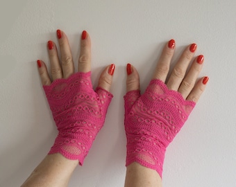 calentador de muñeca | Guantes sin dedos | encaje de red rosa talla M