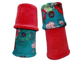 Manchettes réversibles Nikki velours de Stenzo rouge turquoise floral doudou doux taille M