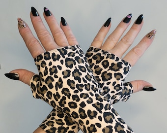 Punky wrist warmers in jersey leopard animal print classic black-beige-brown | fingerless gloves sizes XXS-XXL