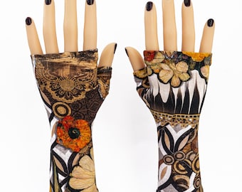 Wrist warmers cotton jersey printed autumn tones digital flowers
